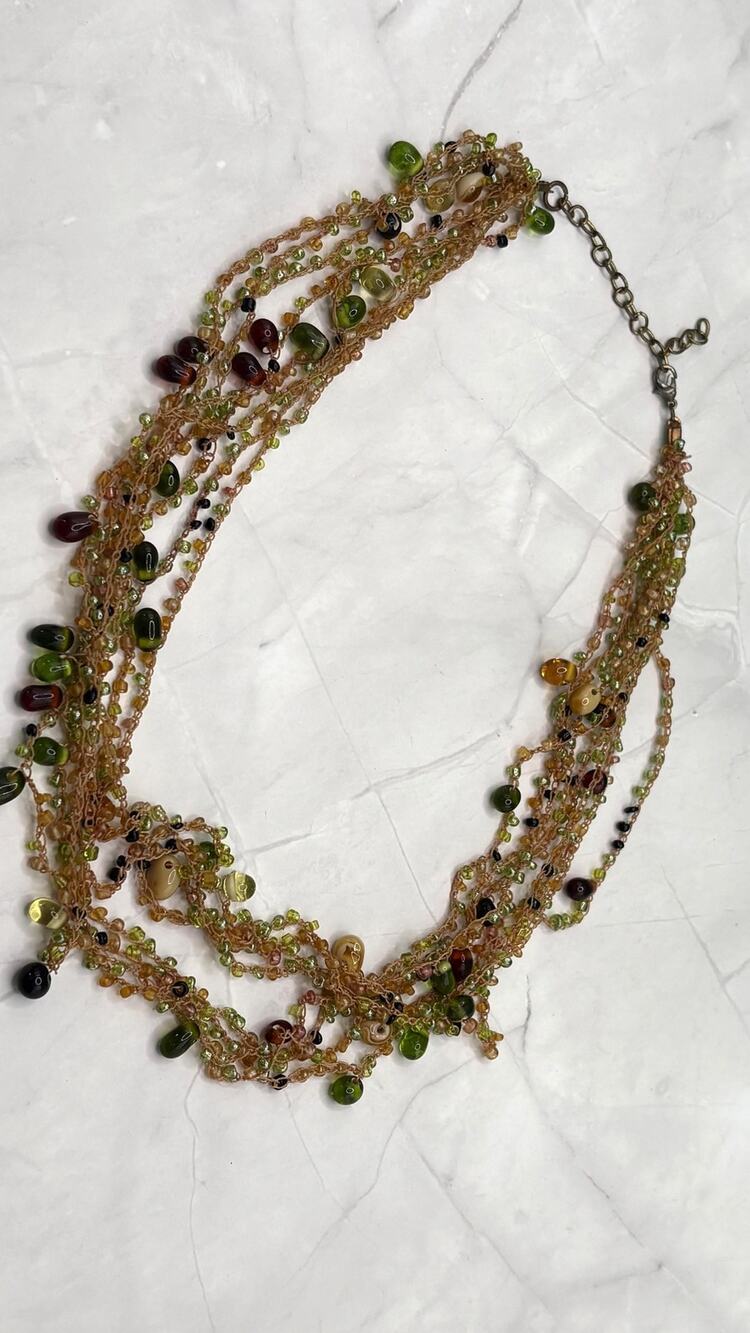 Vintage Multi Strand Crocheted Fiber Bead Necklace Earth Tone Peridot 27.5"